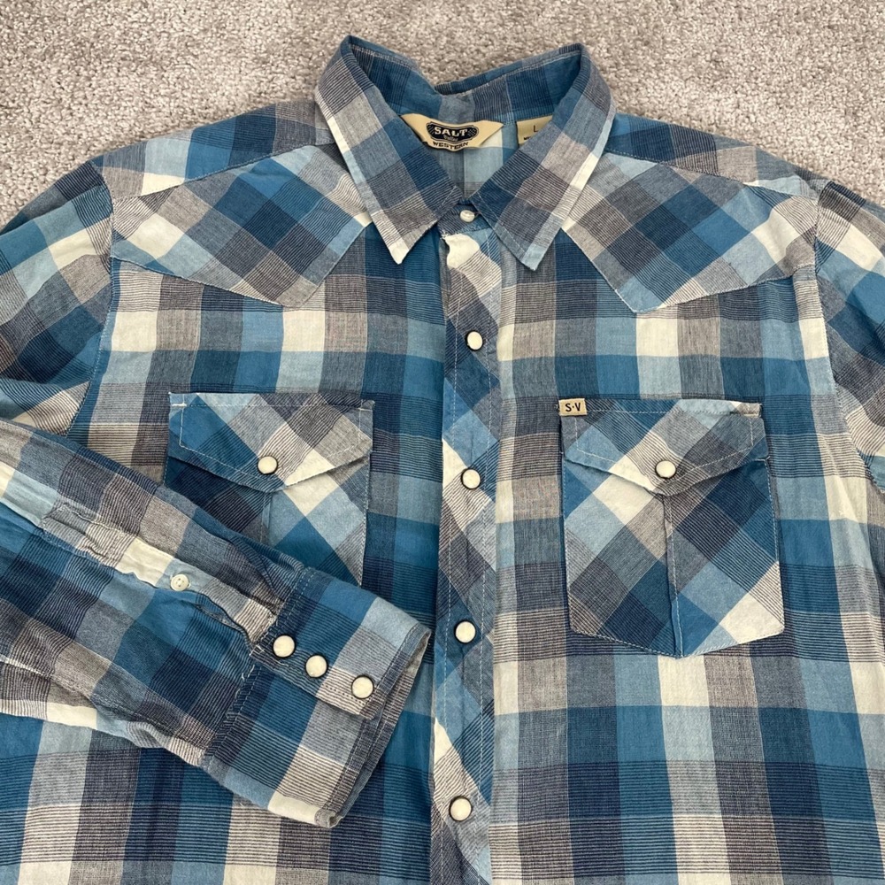 Salt Valley Western Shirt Mens Large Pearl Snap Plaid Cowboy Cotton Blue